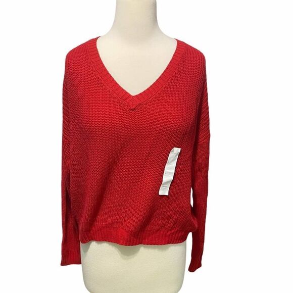 Wild Fable Sweater Cropped Knit‎ Long Sleeve V-Neck Pullover Red Large - Picture 2 of 13